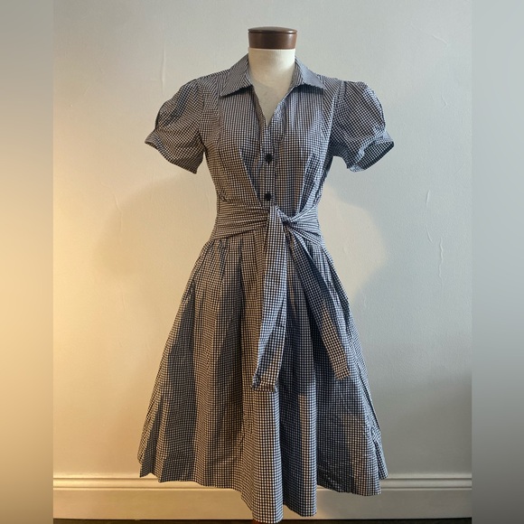 Donna Karan Dresses & Skirts - Donna Karan Gingham Midi Dress Puff Sleeve Tie Waist Black and White Size 6